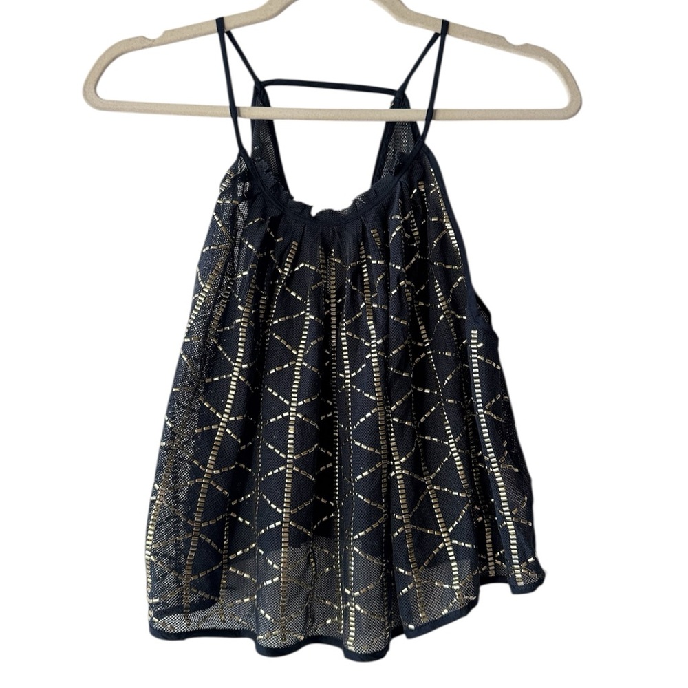Free People sheer black gold loose crop bikercore hippie tank top